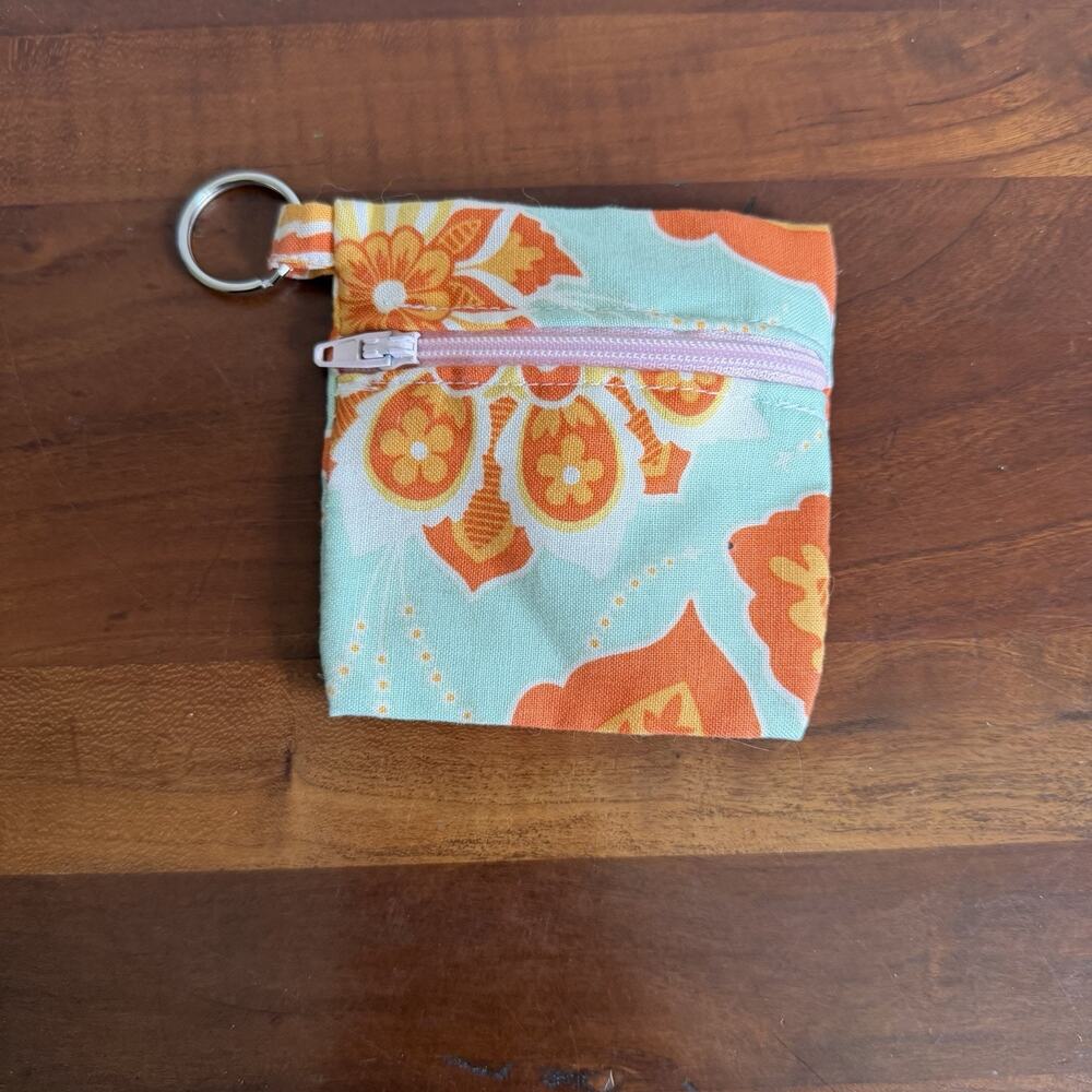 Handmade Light Blue Orange Floral Leaf Coin Pouch with Keychain Clip Zip Closure
